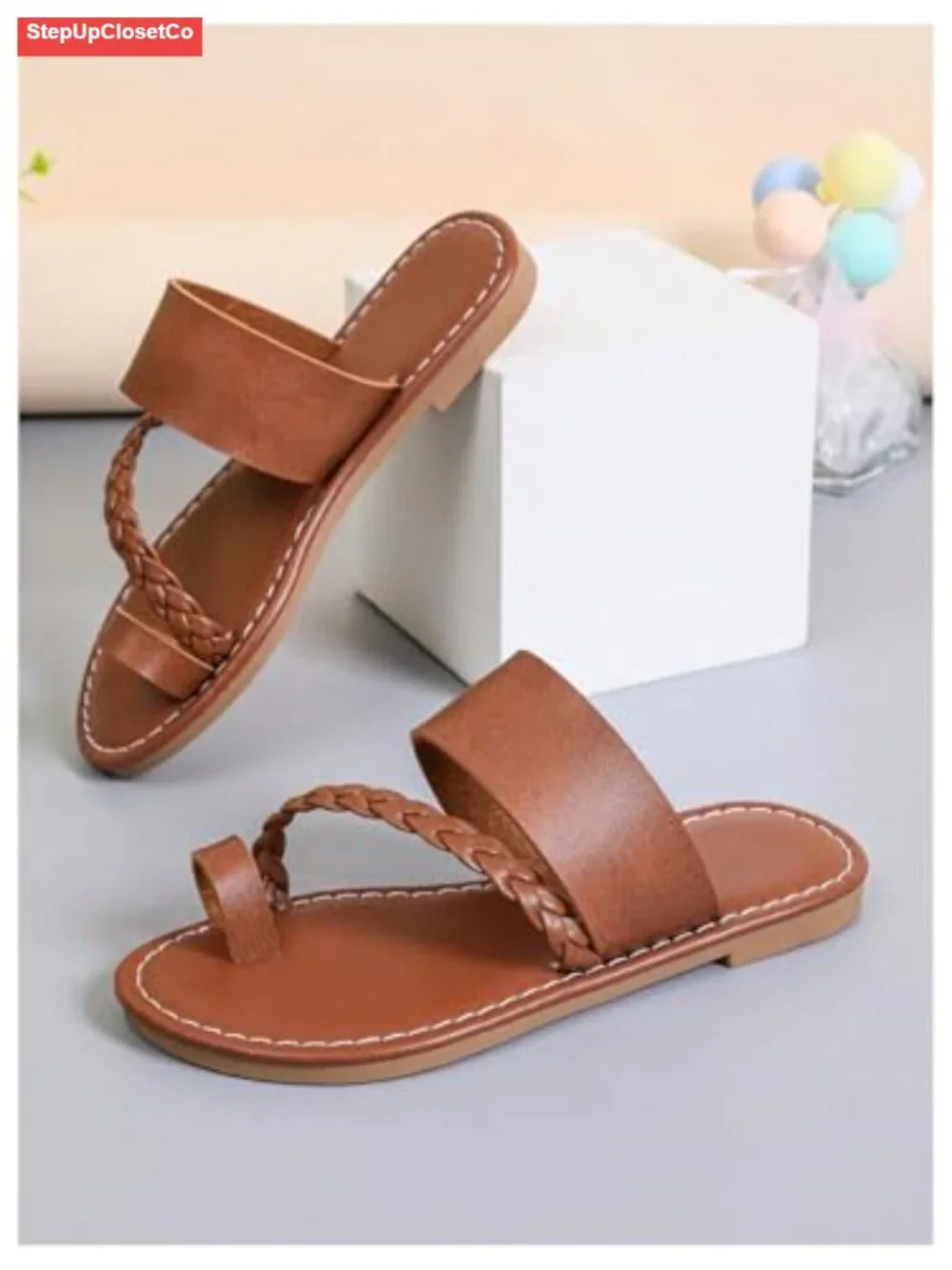 Girl's Strappy Leather Flats Sandal Braided Toe Ring Slip On Slide Sandals